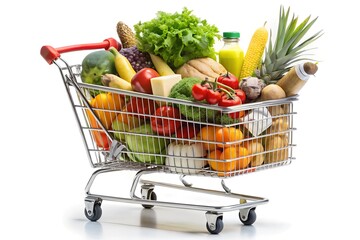 Shopping cart with grocery on white background