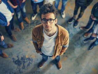 Fototapeta premium A young man with glasses looking confused as a group of people surrounds him, possibly during a presentation or meeting.