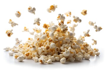Flying popcorn on white background