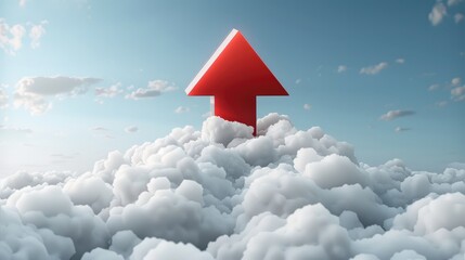 Fototapeta premium 3d white and red up arrow and white icon cloud white background.