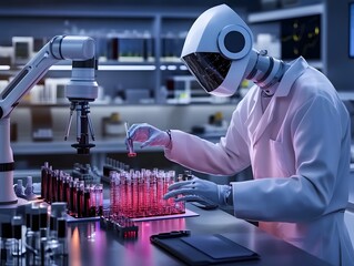 A robot scientist conducting experiments in a laboratory with test tubes and a microscope.