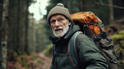 Obraz premium Man wearing a green jacket and a brown hat is standing in a forest. He is smiling and looking at the camera