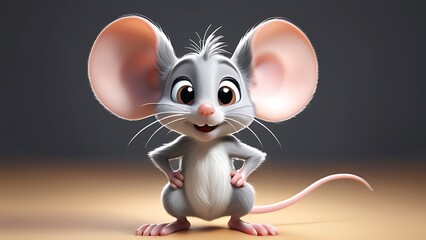 A drawing of a gray cartoon mouse on a background of ears.
