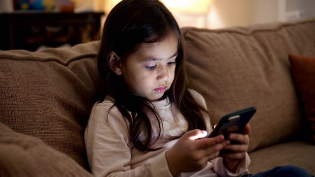A child, around 8&ndash;12 years old kid, sitting on a cozy sofa at home, engrossed in scrolling through a smartphone. 