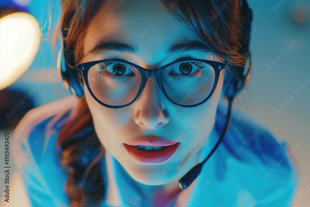 Poster call center agent working on a computer wearing headphones and eyeglasses, focusing on customer serv