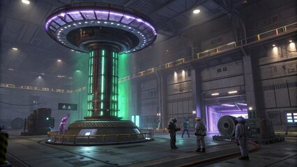 Dramatic depiction of a futuristic energy reactor in a high-tech environment