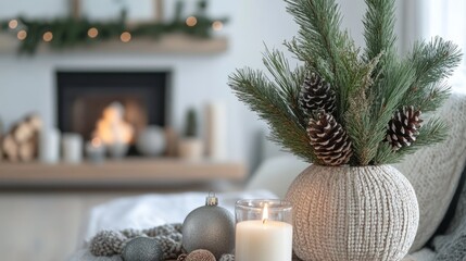 Nordic Christmas decor featuring fresh pine branches in a textured vase, natural ornaments, and subtle festive details like candles and woven accents.