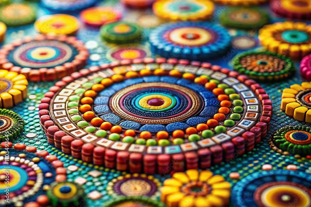 Poster colorful abstract pattern featuring circles and squares in vibrant hues with a unique tilt-shift pho