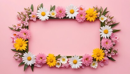 Fototapeta premium frame of spring flowers with pink background, concept for mother's day, woman's day, greetings
