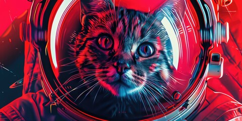 Obraz premium An astronaut cat in space gear, with a spaceship behind it. A playful and imaginative digital artwork.