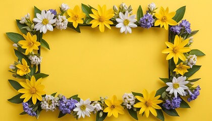 Obraz premium frame of yellow spring flowers on yellow background for greetings, invitation