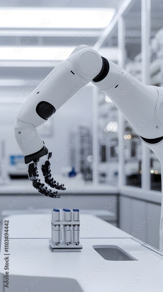 Poster a robotic arm manipulates test tubes in a laboratory setting, showcasing automation in science.