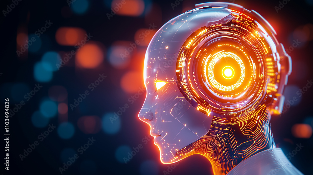 Poster a 3d-rendered image of a futuristic robot head, designed with intricate circuits and glowing neural 