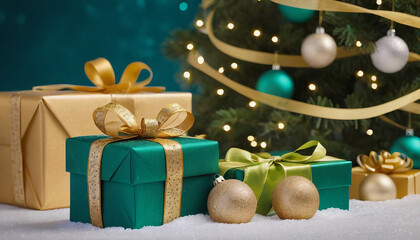 Festive Christmas scene with a miniature snow-dusted Christmas tree adorned with ornaments, surrounded by elegantly wrapped presents in teal and gold.