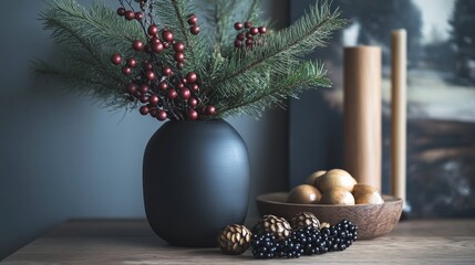 Pine branches in a matte vase, paired with handmade natural ornaments like wooden beads and dried fruit, creating a calm and elegant Scandinavian Christmas vibe.