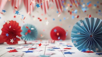Obraz premium American flags and star shaped balloons set against a white background to celebrate the fourth of July or a birthday.