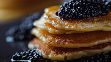 Tasty blueberry pancakes topped with whipped cream, presented in a close-up style. Perfect for a leisurely weekend breakfast or brunch idea.