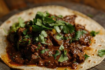 Beef chili tacos with green salsa on a corn tortilla.