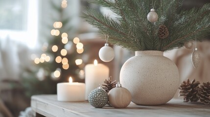 Pine branches in a neutral-toned vase, accompanied by handmade wooden ornaments and soft candlelight, creating a serene Scandinavian Christmas theme.
