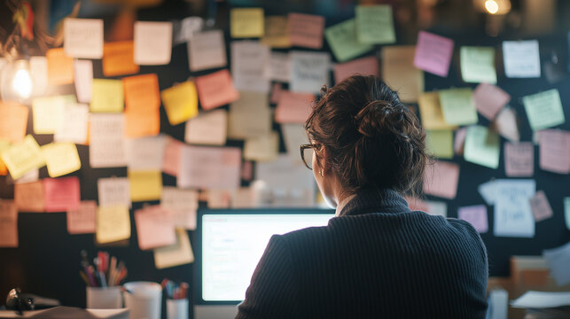 A chaotic yet organized wall plastered with a multitude of reminder notes, from urgent deadlines to everyday to-dos, showcasing a blend of personal and professional reminders.