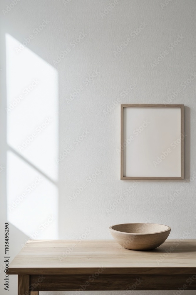 Poster an image depicting a modern, minimalist home decor with blank wall space, an empty picture frame and