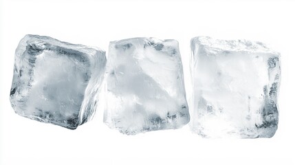 Ice cubes arranged in a row on a white background showcasing their clarity and texture