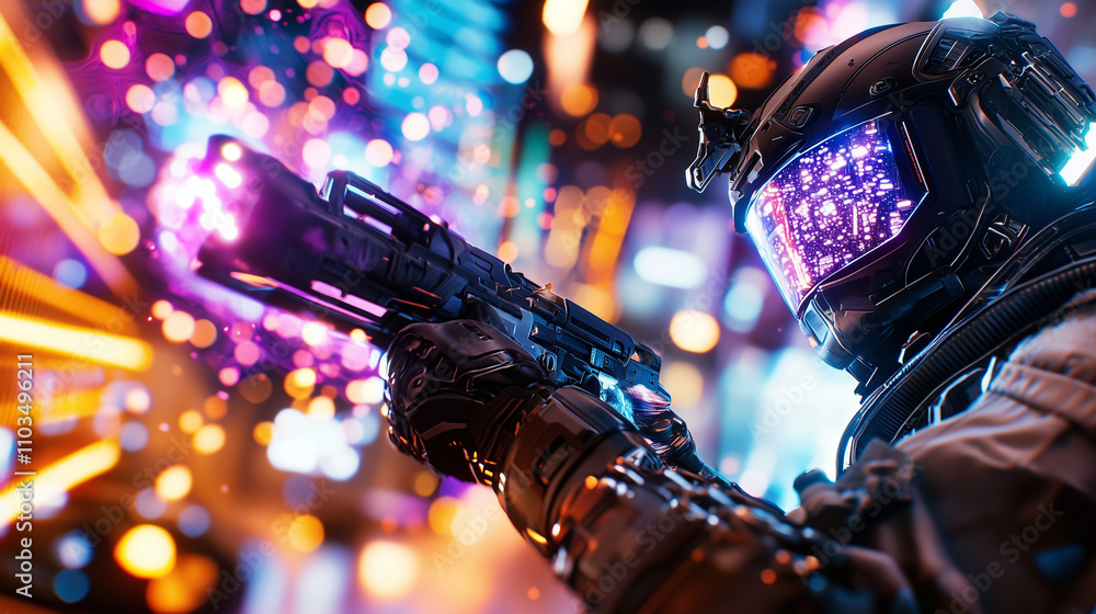 Poster under the artificial glow of a futuristic cityscape, a team of elite soldiers moves swiftly through 