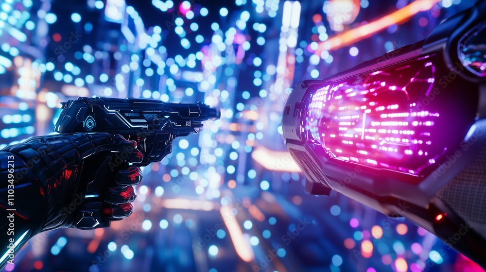 Poster under the artificial glow of a futuristic cityscape, a team of elite soldiers moves swiftly through 