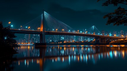 A glowing urban landmark bridge connecting two brightly lit parts of the city at night