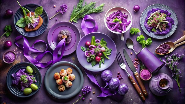 Colorful Food Photography Highlighting the Awareness Ribbons for Domestic Violence, Hodgkin's Lymphoma, Alzheimer's Disease, Pancreatic Cancer, and Epilepsy on Violet Purple Day - Powered by Adobe
