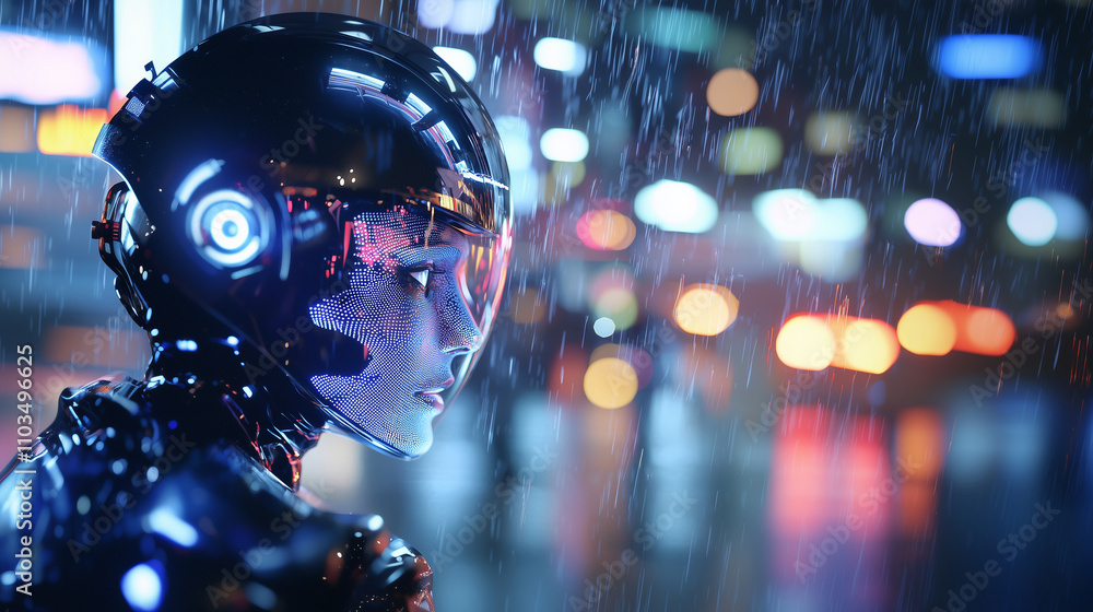 Poster under the constant drizzle of rain in a futuristic metropolis, a gynoid with intricate, glowing feat