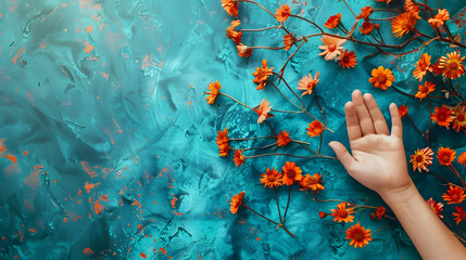 Women hand with lush lava flowers on turquoise background. Top view, copy space.