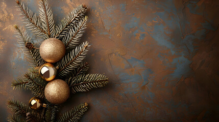 Christmas tree with golden ball on branch, brown background. Copy space. Soft focus.
