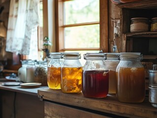 Variety of homemade jams and jellies on counter. - Powered by Adobe