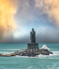 beautiful image of famous Thiruvallur standing statue found inside the ocean at Kanyakumari, Tamil...