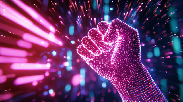 A powerful abstract visual of a clenched fist, symbolizing revolution and freedom, pulses against a backdrop of flowing digital data streams. The background is filled with vibrant