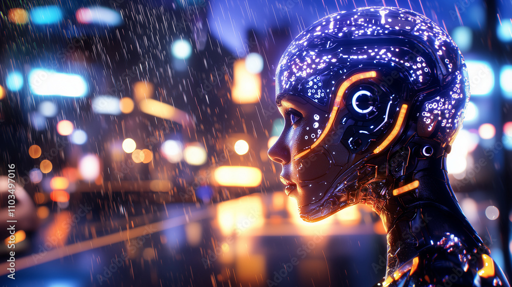 Poster under the constant drizzle of rain in a futuristic metropolis, a gynoid with intricate, glowing feat