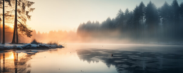 Fototapeta premium Beautiful scene of winter forest. Colorful morning view of misty lake and mountains during sunrise. Beauty of nature concept background.