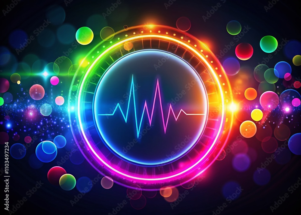 Poster colorful glowing circular graph frame with heartbeat line on dark background featuring bokeh effect 