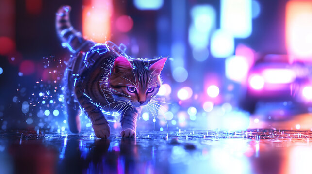 A sleek, cyberpunk cat with glowing neon stripes prowls through a neon-lit alley in a futuristic city. Its augmented eyes scan the surroundings as holographic ads flicker overhead,