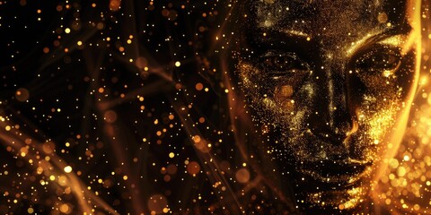 Mystical woman with golden light, sparkling particles and celestial atmosphere.