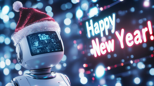 Cute robot in Santa hat displaying Happy New Year message with festive lights, futuristic holiday concept, AI celebration, Christmas magic, seasonal technology and copy space