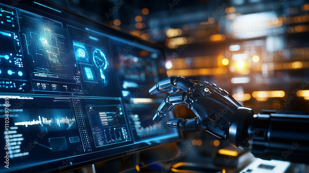 Poster in a high-tech, industrial control room bathed in low light, a robotic arm moves with precision, int