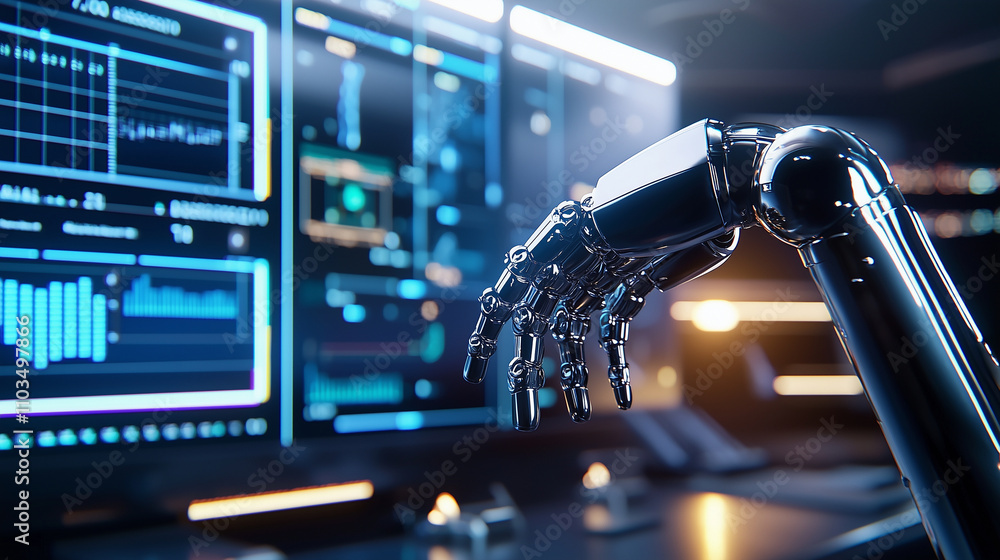 Poster robotic arm extends from the shadows of a dimly lit, industrial control room, its sleek metallic sur