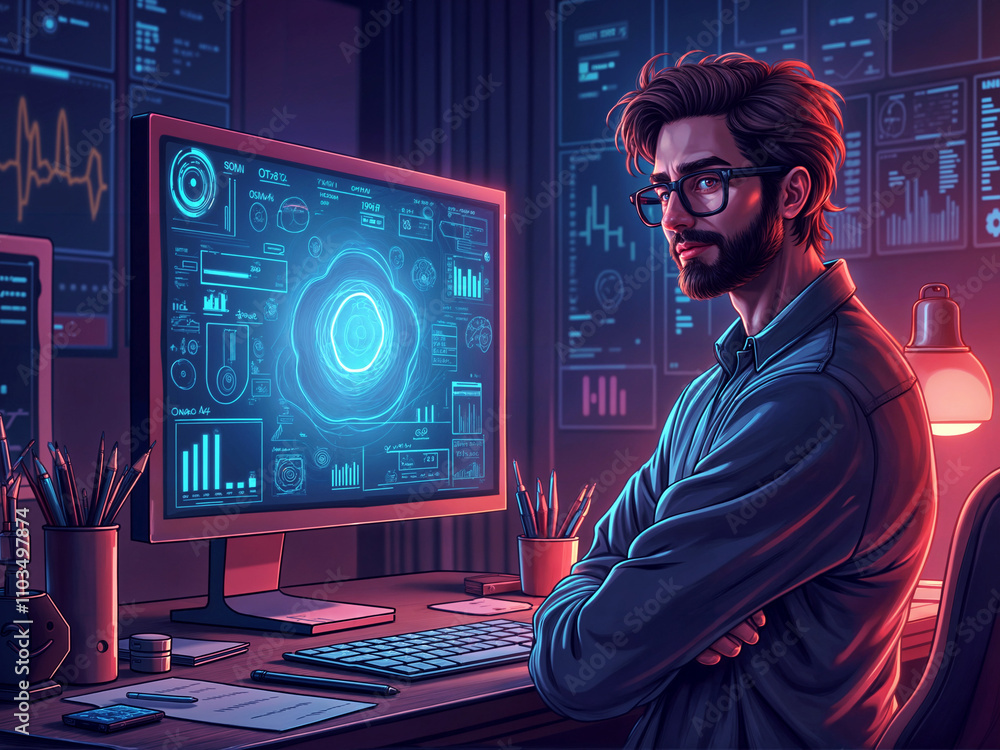 Poster fashionable graphic programmer or designer against the background of a computer and futuristic inter