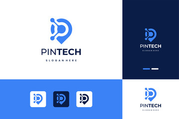 Pin location combine with technology modern logo design inspiration