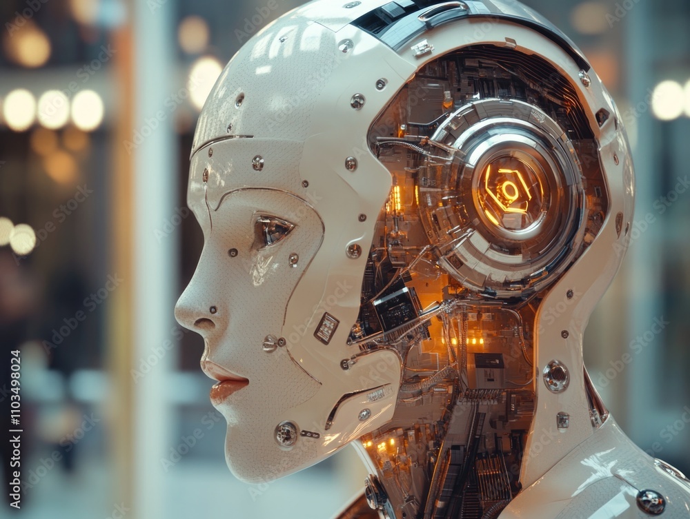 Poster a cutting-edge robotic head with complex mechanisms and a human-like face. designed for advanced ai 