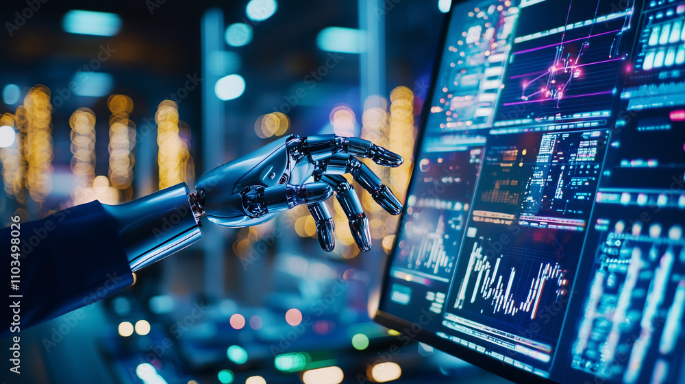 Poster in a high-tech, industrial control room bathed in low light, a robotic arm moves with precision, int