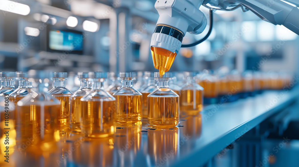 Poster in a high-tech factory, a robotic arm expertly lifts and arranges rows of bottles filled with golden