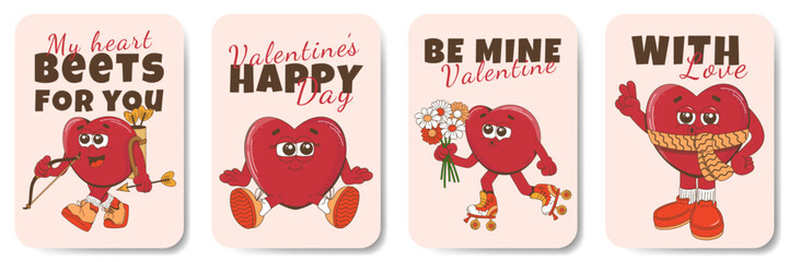A set of retro posters with hearts.Love concept. Happy Valentines Day. Trendy retro 60s 70s style.